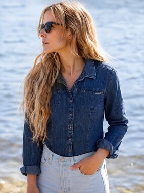 Woolrich Vintage Denim Shirt Jacket Womens M Y2K Workwear Dark Wash Western